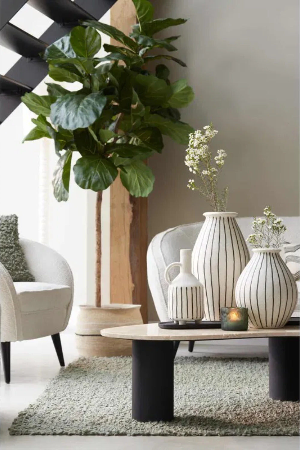 Vaas Diphu 23,5x43cm Keramiek Creme-zwart